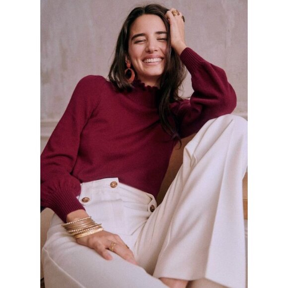 EUC Sezane Brianna Cashmere Ruffle Neck Sweater Raspberry Red Small - Picture 1 of 7